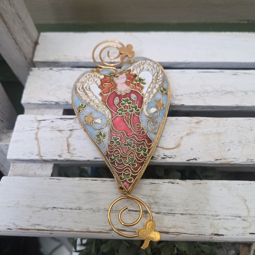 Vintage Cloisonne Angel Heart Shaped CHRISTMAS Holiday Memorial Ornament Gift